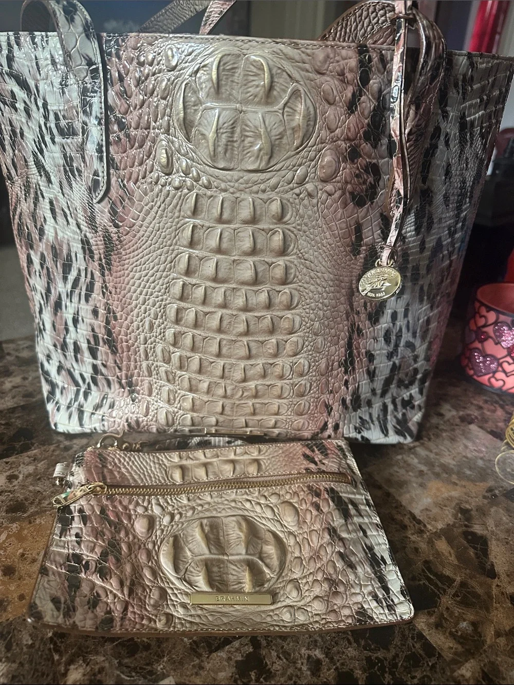 Brahmin Croc-Embossed Tote with Matching Wristlet - Taupe Pink